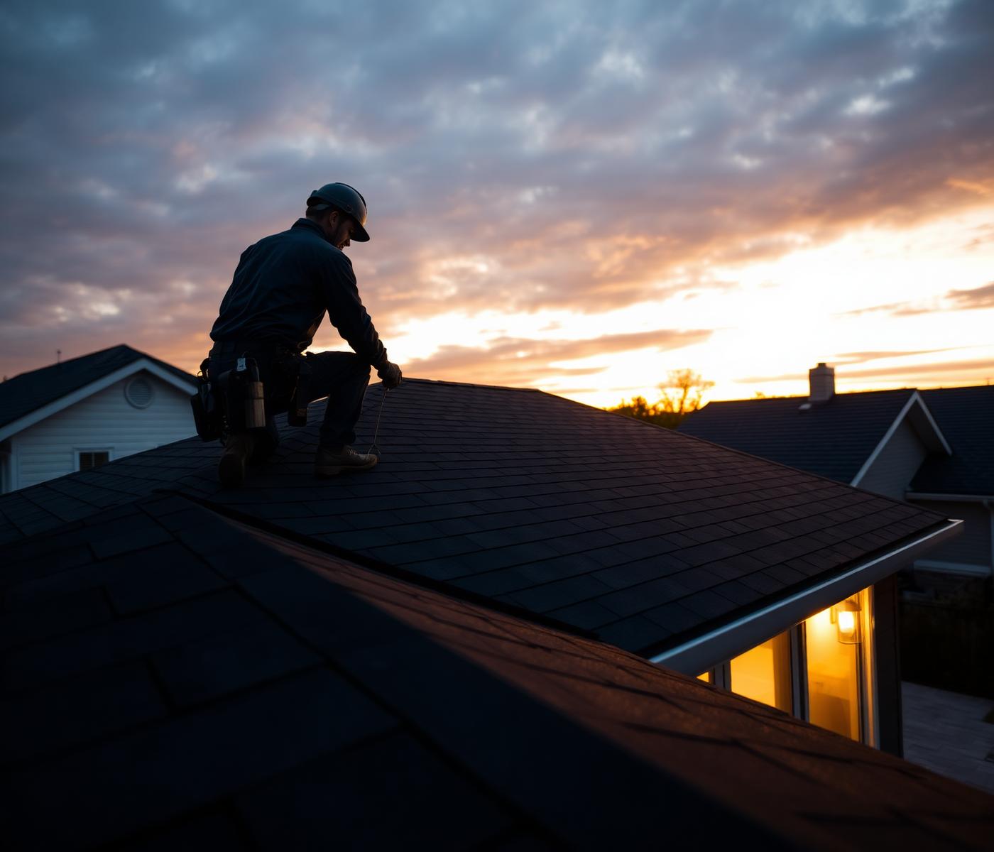 Roofing contractor installing shingles on a residential roof at golden hour